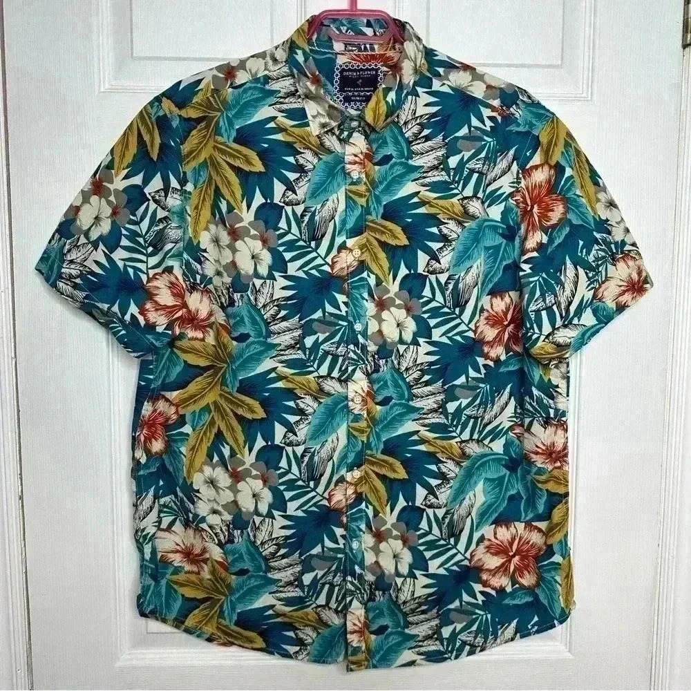 Denim & Flower  Ricky Singh Button Down Casual Hawaiian Shirt Collared Size XL